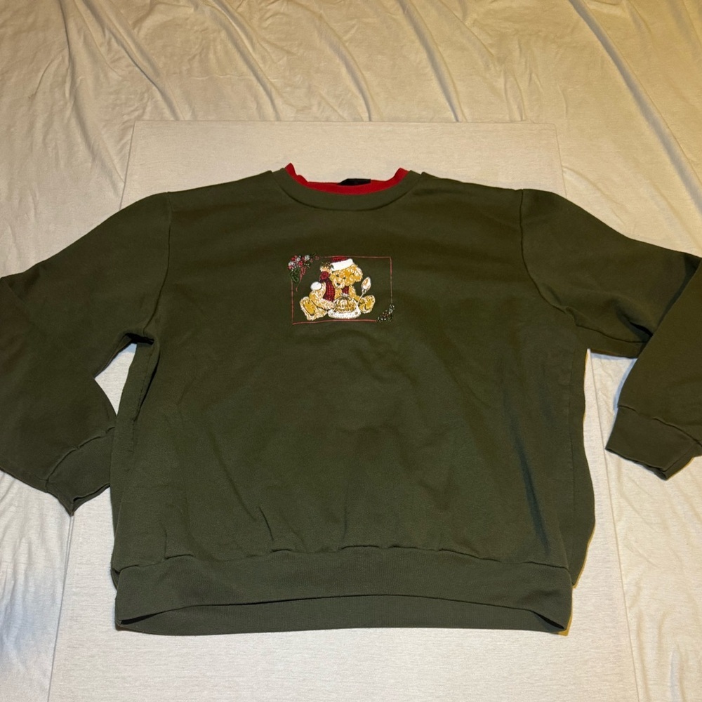 one clothing Olive Crewneck Sweater with Red Trim and Embroidered Graphic